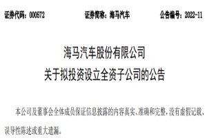 海马汽车拟设立1亿元氢能领域全资子公司 注册资本一千万元