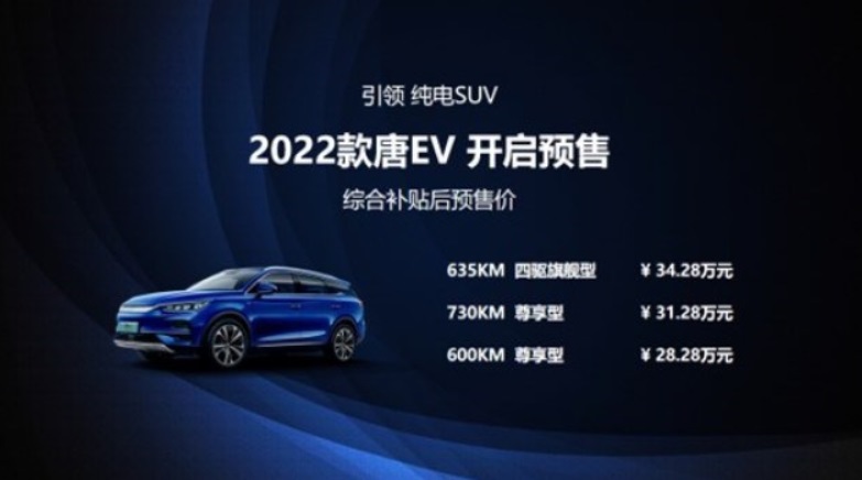补贴后预售价28.28起 比亚迪新款唐EV开启预售