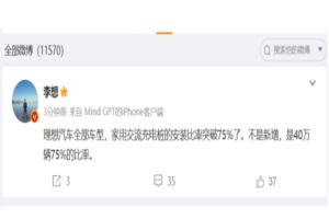 理想汽车CEO李想：理想汽车已售40万辆车型中家充桩安装比率突破75%