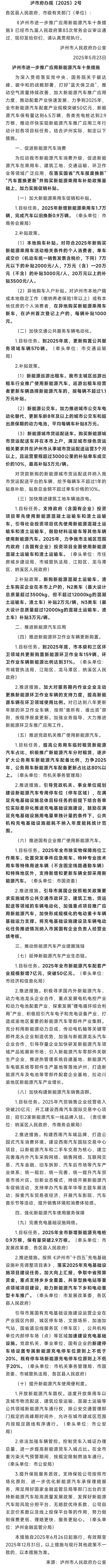 四川泸州市进一步推广应用新能源汽车十条措施